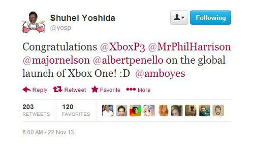 Sony吉田修平庆贺XboxOne上市 微软致谢回应