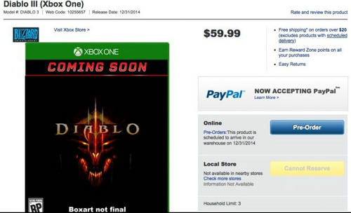 《暗黑破坏神3》XboxOne版惊现国外网店
