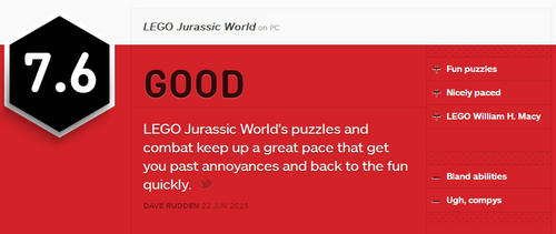 乐高侏罗纪世界IGN评测 7.5分的佳作